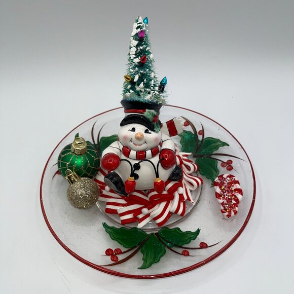Other - Vintage Ceramic Snowman With Bottle Brush Tree String Light Hat Candy Cane OOAK